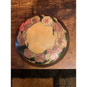 Vintage Brass Trinket Dish Bowl With Lid Enamel Flowers Pink India Gorgeous EUC